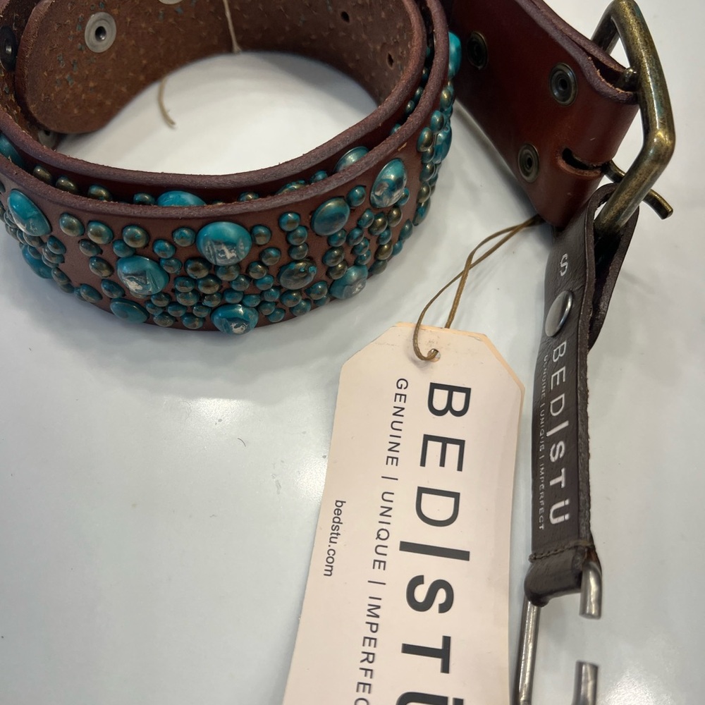 Bed Stu Brown Leather Studded Belt with Turquoise Accents NWT